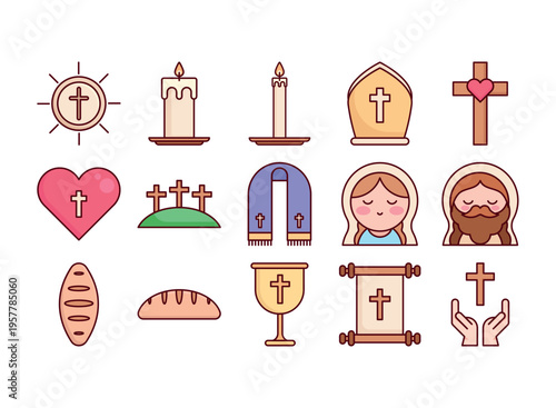 Christian Religious Icons Set Flat Style Collection