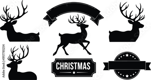 Christmas Reindeer Silhouettes and Holiday Decorative Elements Set