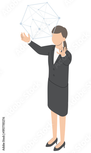 ネットワークと女性会社員・アイソメトリック