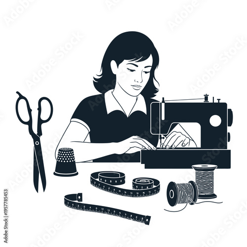 Woman sewing with a sewing machine.