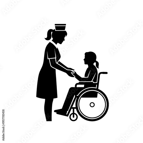 Nurse assisting a disabled woman in wheelchair.