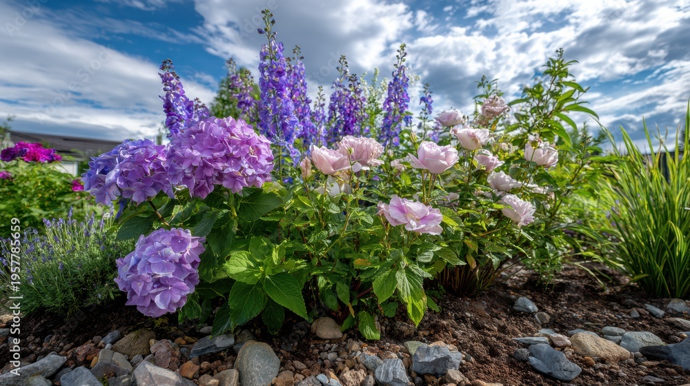 Obraz premium Summer Garden Border With Blooming Hydrangeas, Roses, and Delphiniums in Sunlight and Soft Clouds
