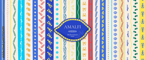 Amalfi summer horizontal banner with yellow lemons and mediterranean sea ornaments. Italian pattern with colorful stripes, lobster and fish icons. Vintage coastal postcard and nautical tile design.