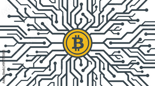 Cryptocurrency circuit network with digital coin symbol.