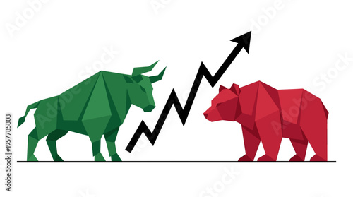 Green bull and red bear with rising zigzag arrow symbolizing stock market trends.