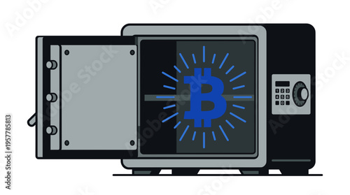 Open safe with glowing cryptocurrency symbol inside.