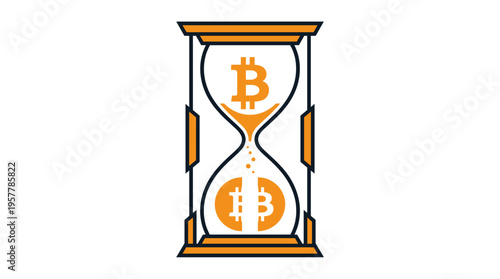 Hourglass with cryptocurrency symbol illustrating time and value.