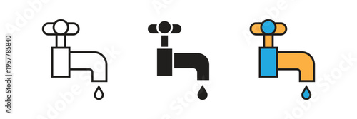 Dripping Water Faucet Icon Vector. Outdoor faucet icons with a single water droplet, ideal for plumbing services, water utilities, and leakage awareness campaign designs.