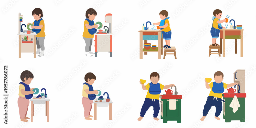 Fototapeta premium Set of illustrations showing toddlers playing with toy kitchens and washing dishes, promoting Montessori learning and development of early life skills.