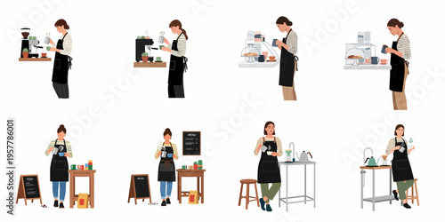 Set of flat illustrations featuring female baristas preparing coffee, pouring latte art, and working behind a cafe counter on a white background.