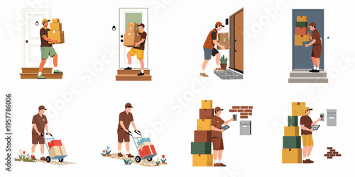 Set of Courier Service Workers Delivering Parcels and Boxes to Residential Doorsteps Using Various Methods and Tools Illustration