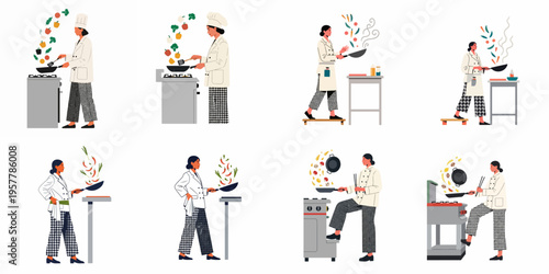 Set of Eight Female Professional Chefs Cooking and Tossing Vegetables in Frying Pans, Flat Illustration Style