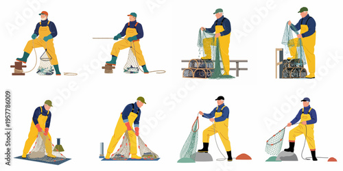 Vector illustration set featuring an elderly fisherman in yellow gear working with nets, fish, and lobster traps in various professional poses.