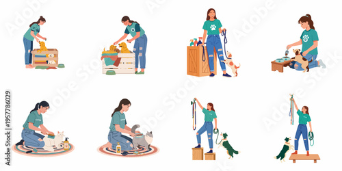 Collection of flat vector illustrations depicting a female volunteer caring for dogs and cats at an animal shelter, including feeding and grooming.