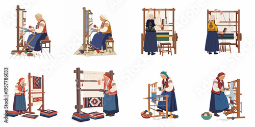 Collection of flat vector illustrations of elderly craftswomen in ethnic clothing using traditional looms to weave colorful rugs and tapestries.