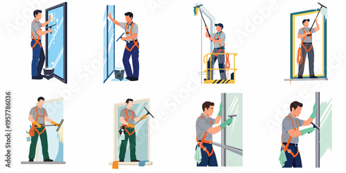 Vector illustrations of professional window cleaners using squeegees, safety harnesses, and specialized equipment to clean glass windows of tall buildings.