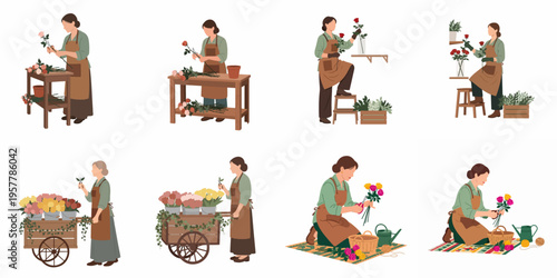 Set of flat vector illustrations depicting professional women florists at work, featuring flower arrangements, garden carts, and various floral care activities.