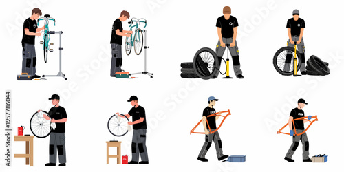 Set of flat vector illustrations depicting a professional bicycle mechanic performing various maintenance and repair tasks like pumping tires, cleaning wheels, and fixing frames.