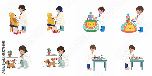 Set of children playing doctor with various toys, wearing white coats and using stethoscopes for imaginative roleplay in a clinical setting.