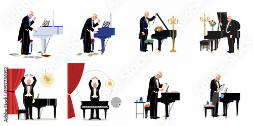 Set of flat illustrations featuring an elderly male classical pianist performing on stage and practicing at a grand piano.