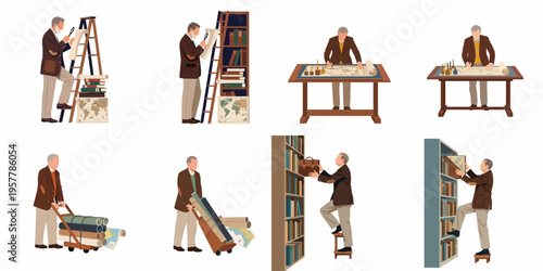 Set of flat illustrations showing a senior scholar or archivist examining maps, scrolls, and books in various research and archival activities.