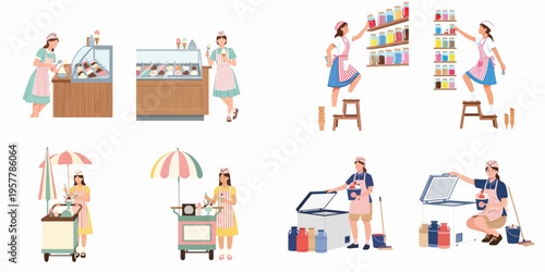 Ice cream parlor female worker characters set performing different job activities including serving, selling from a cart, and cleaning the shop.