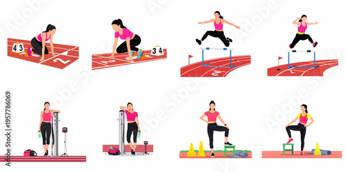 Set of flat vector illustrations featuring a female athlete performing various track and field activities like sprinting, hurdling, and training on a running track.