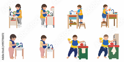 Set of illustrations showing toddlers playing with toy kitchens and washing dishes, promoting Montessori learning and development of early life skills.