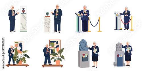 Professional senior museum guide character set in various poses, including presenting art, using a megaphone, and assisting at an information kiosk.