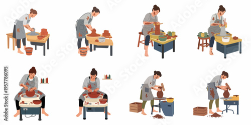 A collection of illustrations featuring a craftswoman working with clay on a pottery wheel, creating various ceramic vessels in a creative studio setting.