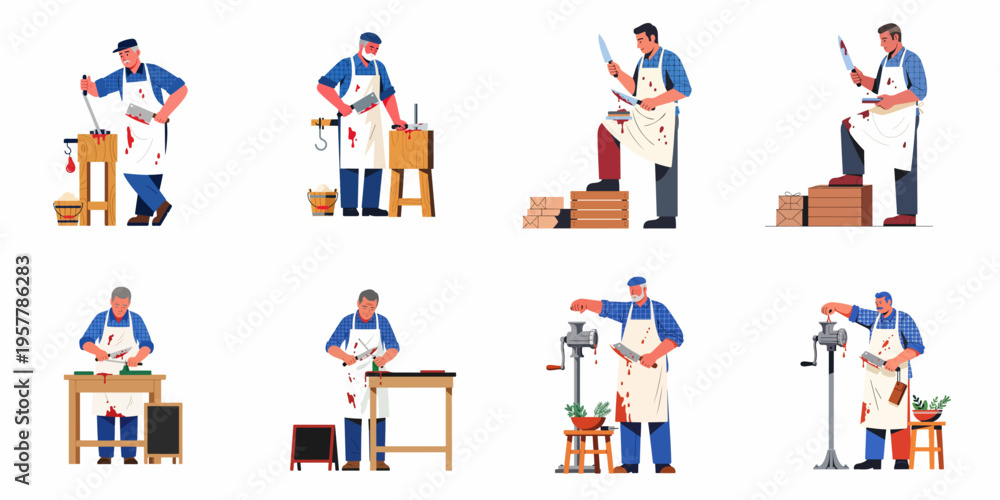 Fototapeta premium Professional butchers character set performing various meat processing tasks, including cutting, grinding, and knife sharpening, in a flat vector illustration style.