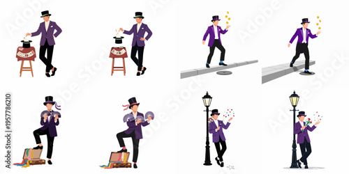 Vector Illustration Set of a Magician in a Purple Suit Performing Various Magic Tricks Including Rabbit from Hat, Juggling, and Card Manipulation