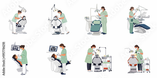 Set of Flat Vector Illustrations Showing a Female Dentist Examining and Treating Patients in a Modern Dental Clinic Office