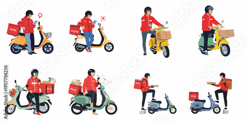 A collection of flat vector illustrations showing pizza delivery couriers on scooters, using mobile navigation and carrying food boxes for fast delivery service.