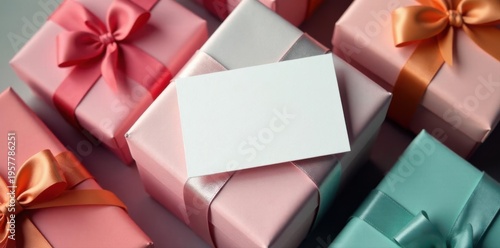 Elegant white gift card atop assorted gift boxes, gift giving, mockup, commerce