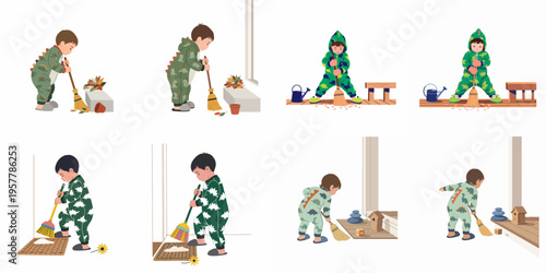 Set of illustrations depicting a cute toddler boy in dinosaur pajamas sweeping various outdoor porches and doorsteps with a small broom.