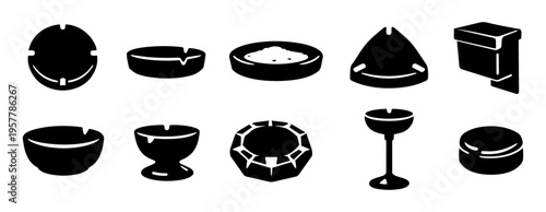 Ashtray Silhouette Icon Set Black Solid Smoking Accessories Vector Collection