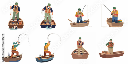 Flat vector illustrations of an elderly fisherman in various activities on a small wooden boat, including net fishing, angling, and preparing equipment.