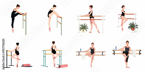 Set of flat vector illustrations featuring a ballerina practicing different poses and stretches at a ballet barre.