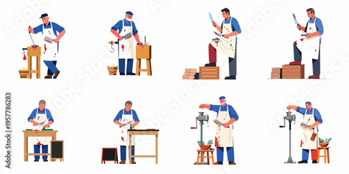 Professional butchers character set performing various meat processing tasks, including cutting, grinding, and knife sharpening, in a flat vector illustration style.