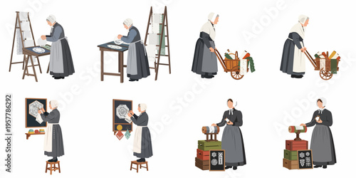 A collection of illustrations showing women in traditional dress engaged in historical lace making, textile crafts, and street vending activities.