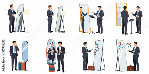 Set of flat vector illustrations of a businessman practicing a presentation, preparing, and grooming in front of a mirror.