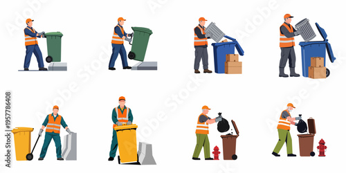 Set of sanitation workers in safety gear collecting waste, emptying trash cans, and handling garbage bags, isolated on a white background.