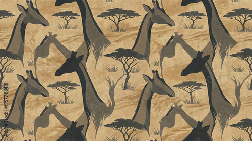 Giraffe herd walking in golden savanna sunset landscape seamless pattern 4k Generative AI