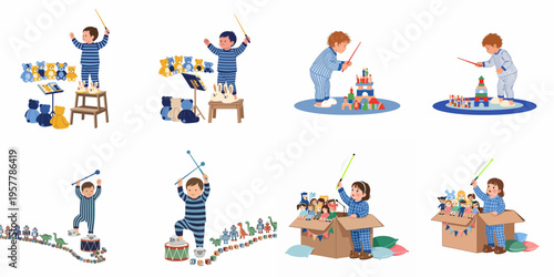 Set of illustrations showing young children in pajamas playing as orchestra conductors with their toys like teddy bears, dolls, and robots at home.