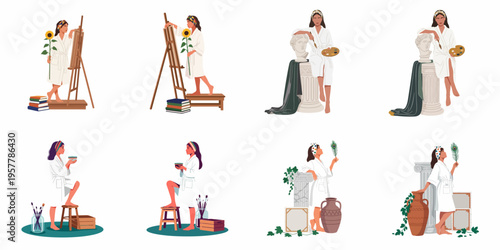 Artistic woman in white robe painting at easel, sitting with classical sculptures, and holding sunflowers in a series of flat vector illustrations.