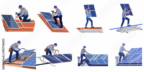 Collection of illustrations showing a professional technician installing, mounting, and connecting solar panels on rooftops for renewable energy systems.
