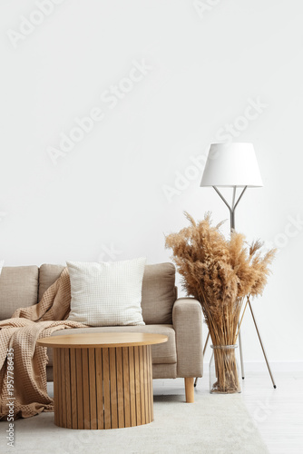 Interior of light living room with sofa, table and pampas grass