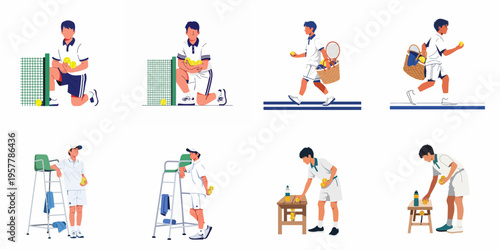 Set of flat illustrations of a tennis ball boy performing various duties on court, including picking up balls and carrying equipment.