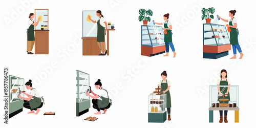 Illustrations of cafe and bakery staff cleaning display cases, shelves, and organizing counters to maintain a hygienic and professional workspace.